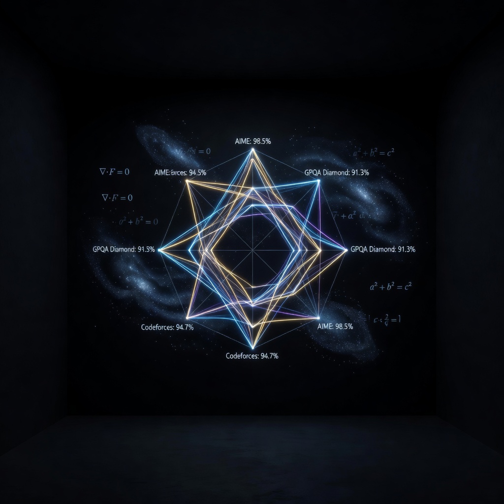 Holographic benchmark performance chart floating in space, showing AI model comparison metrics for Grok, GPT, and Gemini
