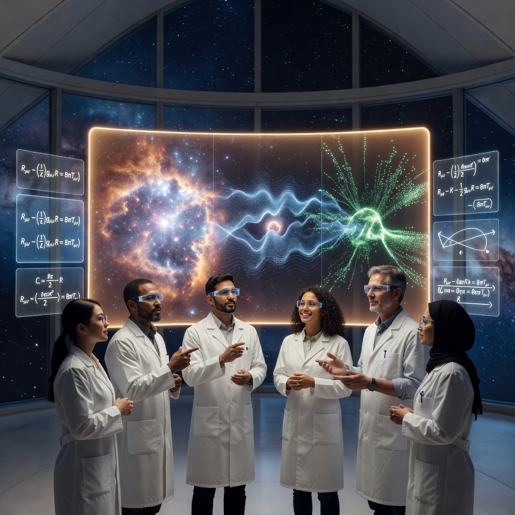 Scientists collaborating with holographic AI interface displaying cosmic simulation, galaxy formation data, and mathematical equations