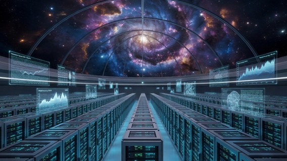 A vast, ultra-realistic futuristic AI data center stretching to the horizon, with thousands of glowing server racks arranged in perfect geometric grids. Above the data center, a transparent dome reveals a breathtaking panoramic view of deep space: swirling galaxies, nebulae, and star clusters. Holographic data streams and benchmark performance graphs float in the air between the servers and the cosmos. Cool blue and purple lighting, photorealistic, cinematic composition, 8K resolution, represent