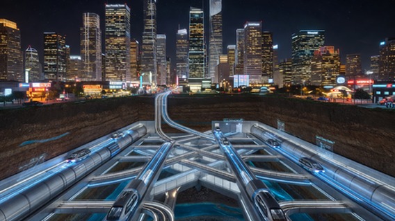 A breathtaking cross-section aerial illustration of a futuristic underground tunnel network glowing beneath a vibrant modern city skyline at night, with multiple branching tunnels lit in blue and white light carrying sleek electric vehicles, the surface city above twinkling with skyscrapers and streets, rendered in a cinematic photorealistic style emphasizing the scale and complexity of subterranean urban infrastructure and its benefit to millions of city dwellers