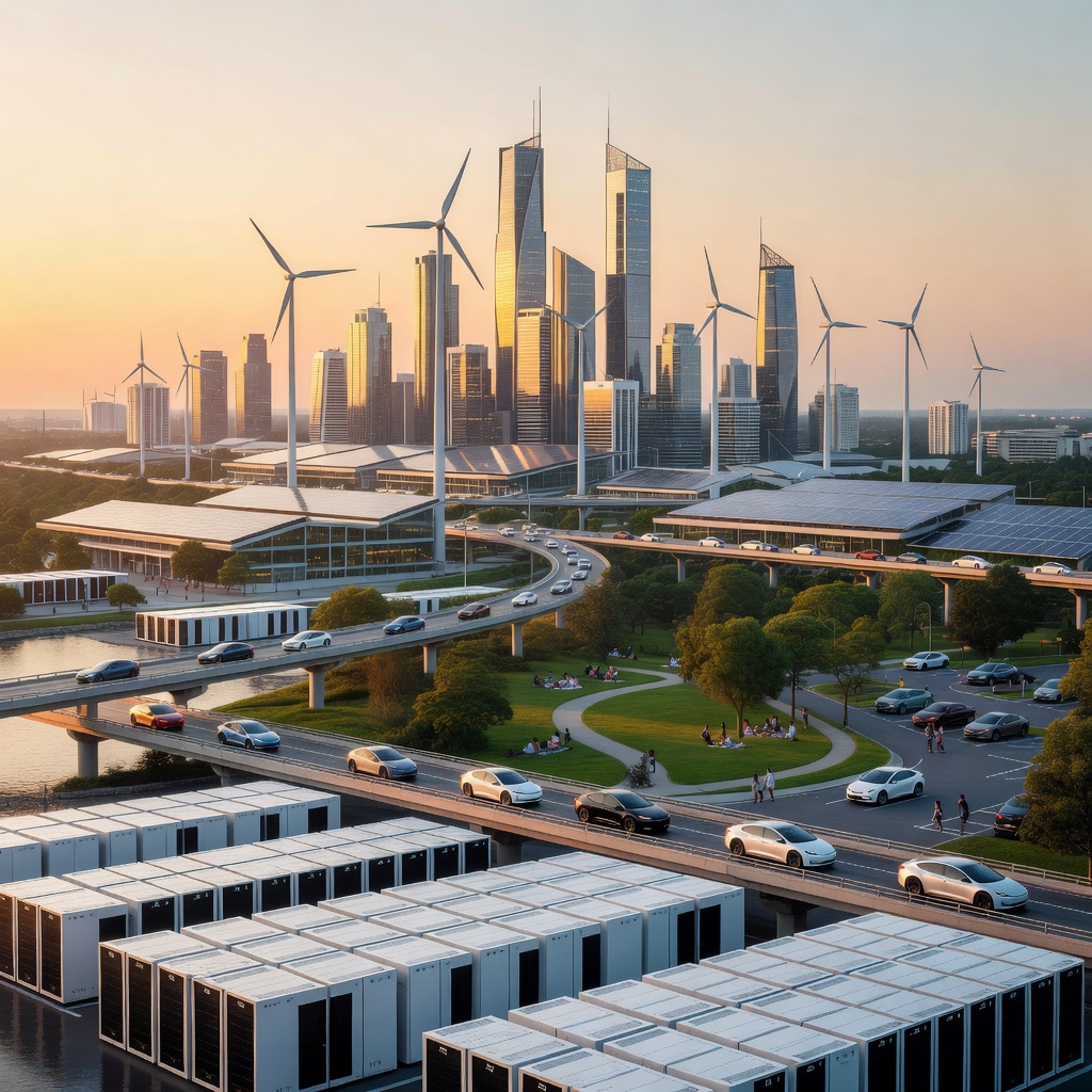 Megapack solar grid and Tesla energy infrastructure powering a futuristic city