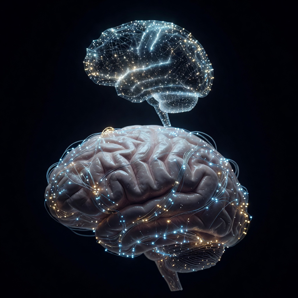 Neuralink brain-computer interface visualization with neural connections glowing in a futuristic medical setting