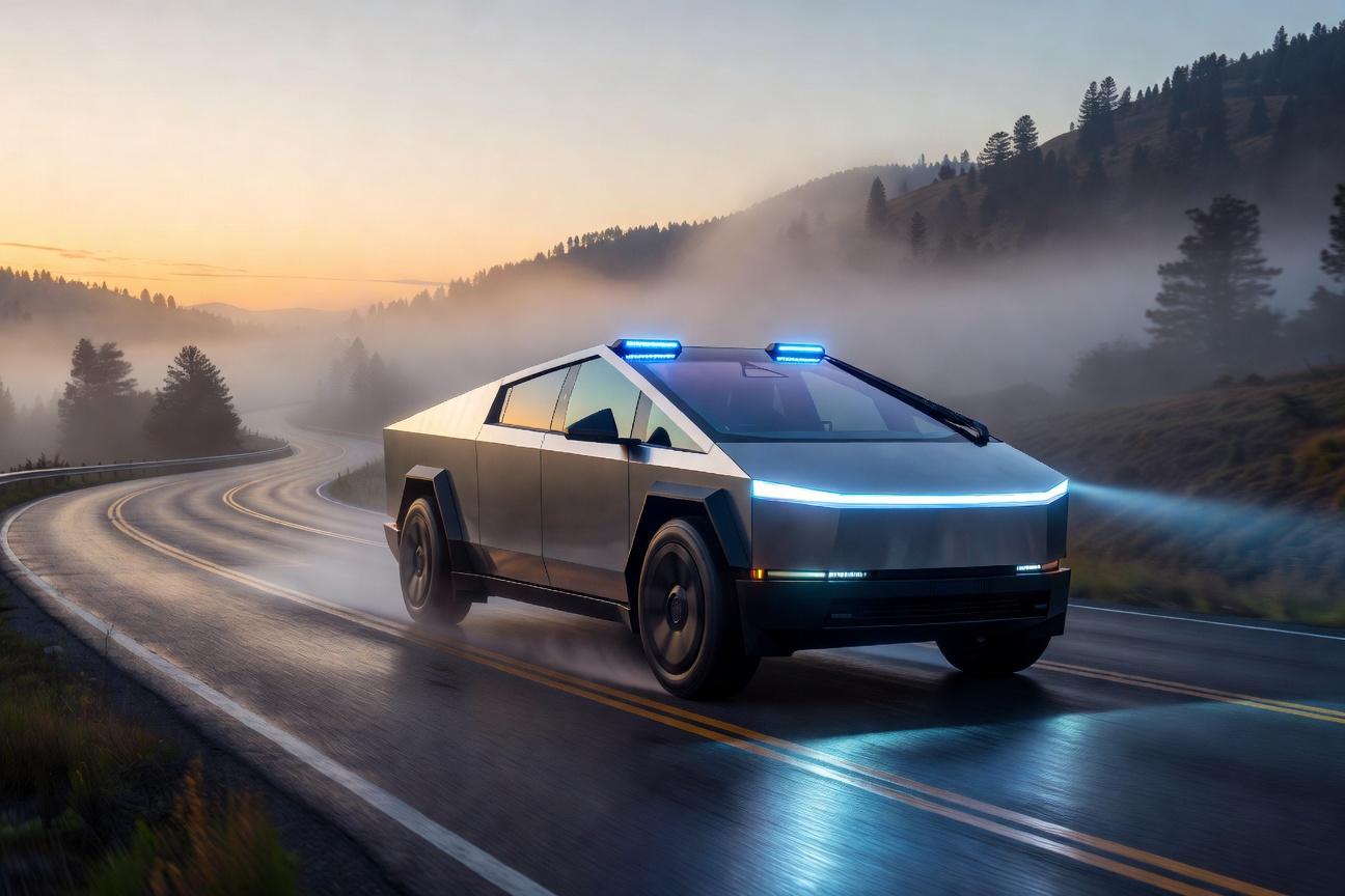 A futuristic Tesla Cybertruck navigating a misty mountain highway at dawn with autonomous sensors glowing
