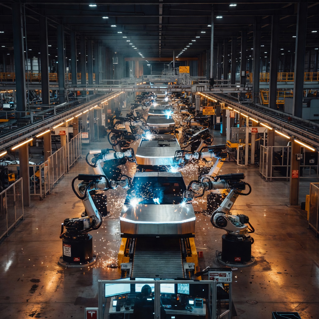 Inside a Tesla Gigafactory showing robotic arms assembling Cybertruck frames with glowing blue welding arcs