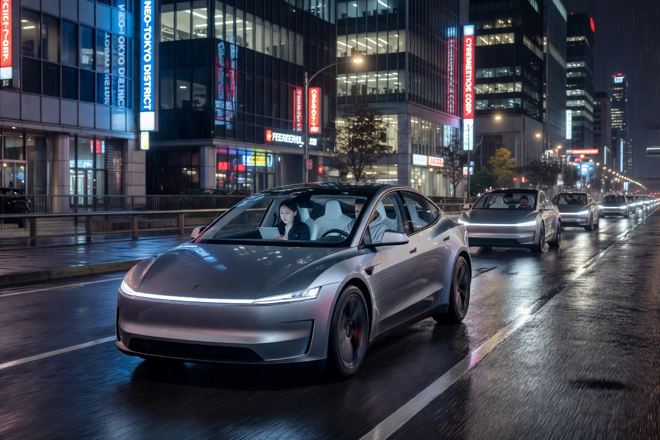 A sleek Tesla Cybercab gliding through a neon-lit city street at night, passengers visible through panoramic windows, no steering wheel in sight