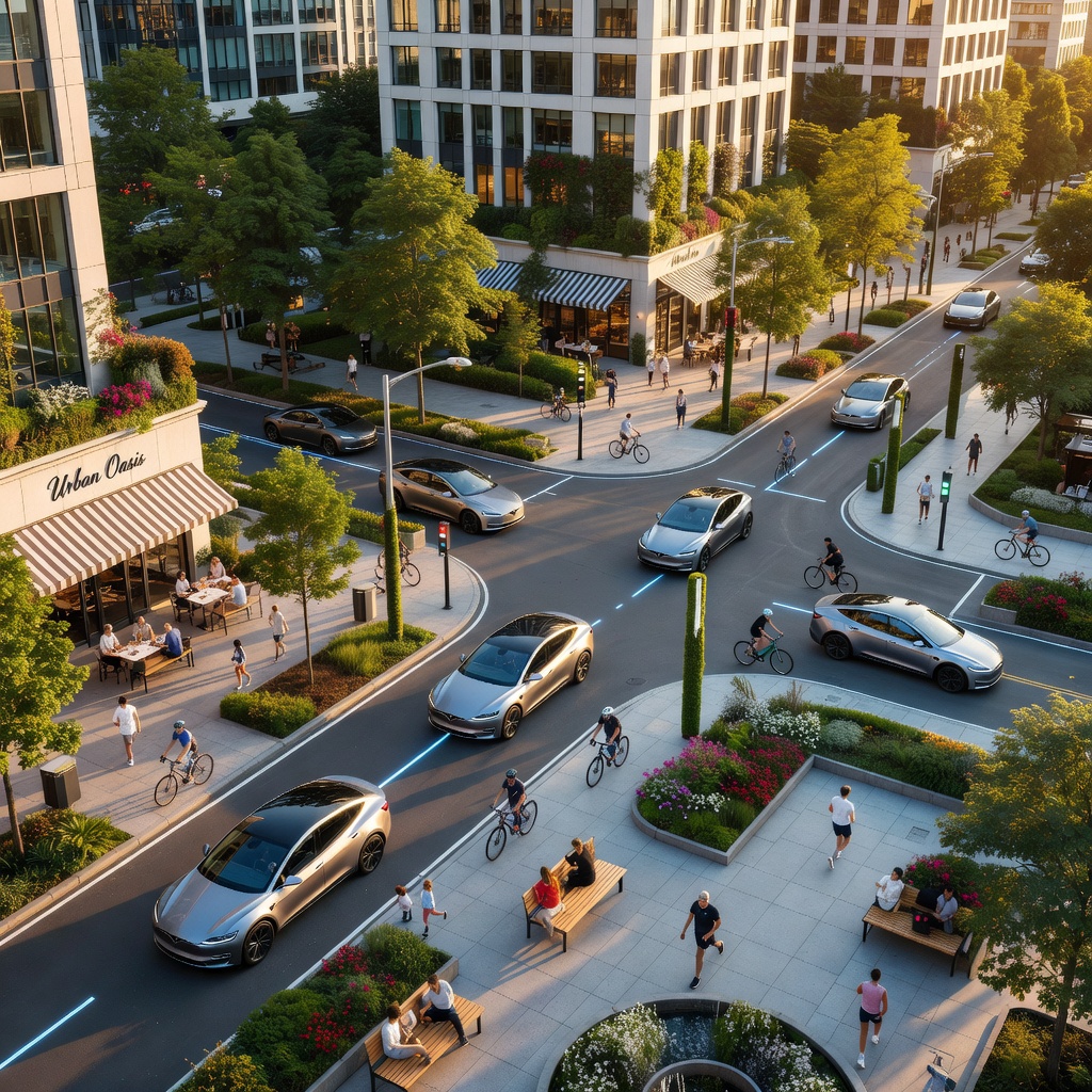 Futuristic city intersection with multiple Cybercabs navigating autonomously, pedestrians and cyclists interacting safely in a human-centric redesigned urban space