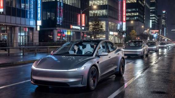 A photorealistic futuristic Tesla Cybercab autonomous vehicle gliding silently through a rain-slicked urban boulevard at night, soft neon reflections on the road surface, the compact two-seater with panoramic curved windows revealing passengers reading and relaxing inside, no steering wheel visible, streetlights casting warm amber pools on wet pavement, other Cybercabs visible in the background forming an orderly automated flow of traffic, cinematic wide-angle composition emphasizing the seamles