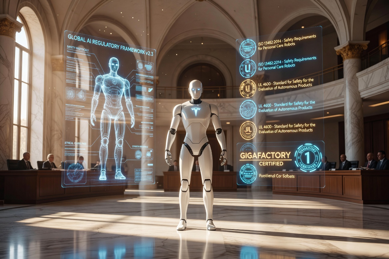 Tesla Optimus humanoid robot standing in a futuristic regulatory framework visualization