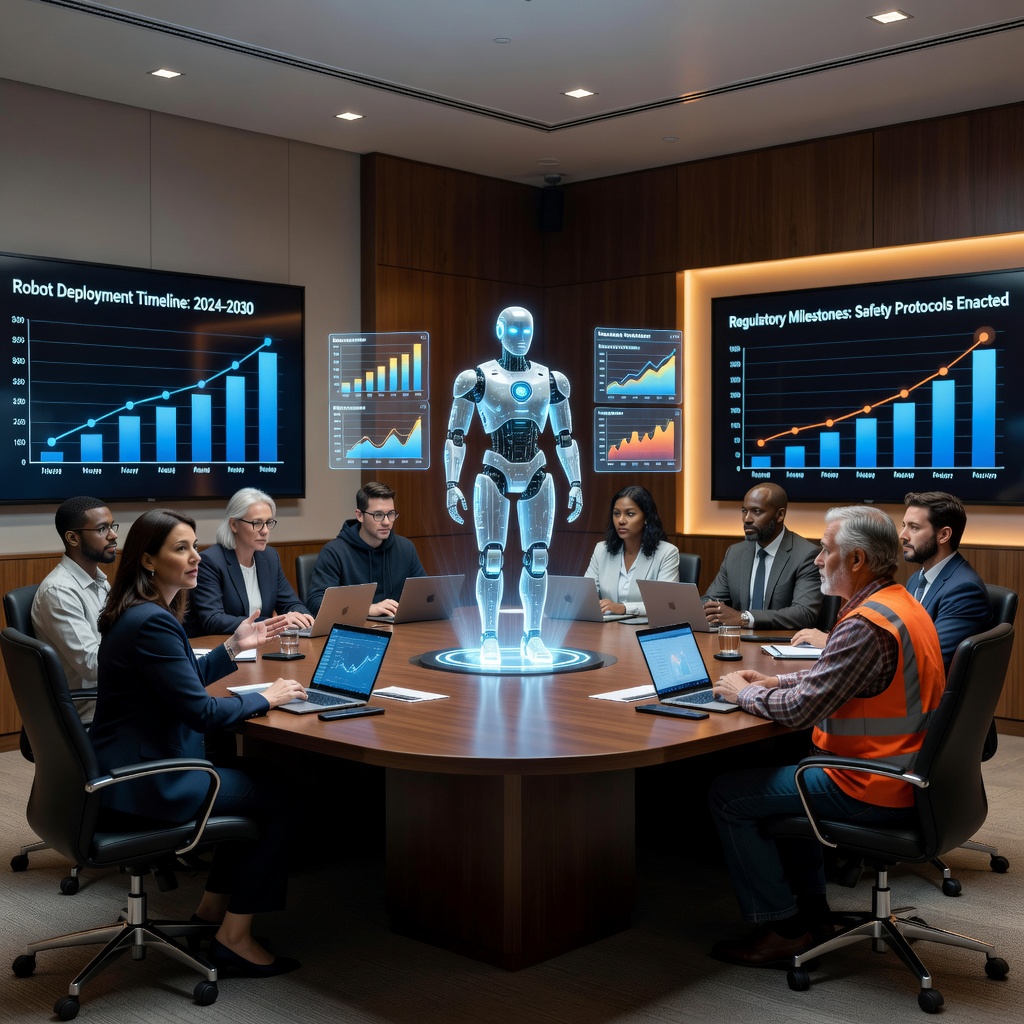 Policy makers and robotics engineers discussing governance standards in a modern government building