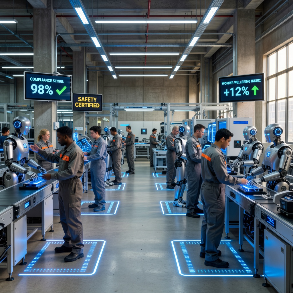 Futuristic vision of humanoid robots and human workers collaborating in a next-generation factory environment