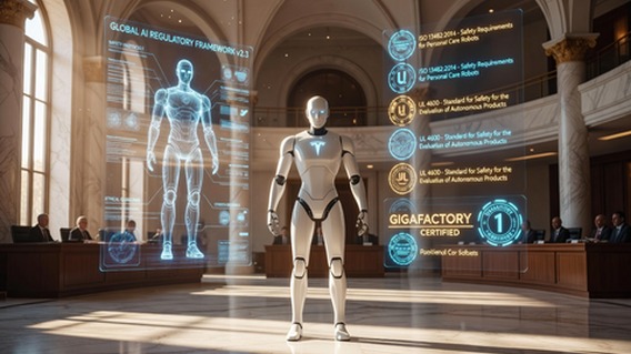 A photorealistic futuristic scene of a sleek, white humanoid robot standing at the center of a vast, glass-walled legislative chamber, surrounded by holographic legal documents, safety certification seals, and glowing regulatory framework diagrams. The robot's chest displays a subtle Tesla logo. Warm golden light streams through tall windows, casting long shadows across a polished marble floor. Ultra-detailed, cinematic composition, 8K resolution.