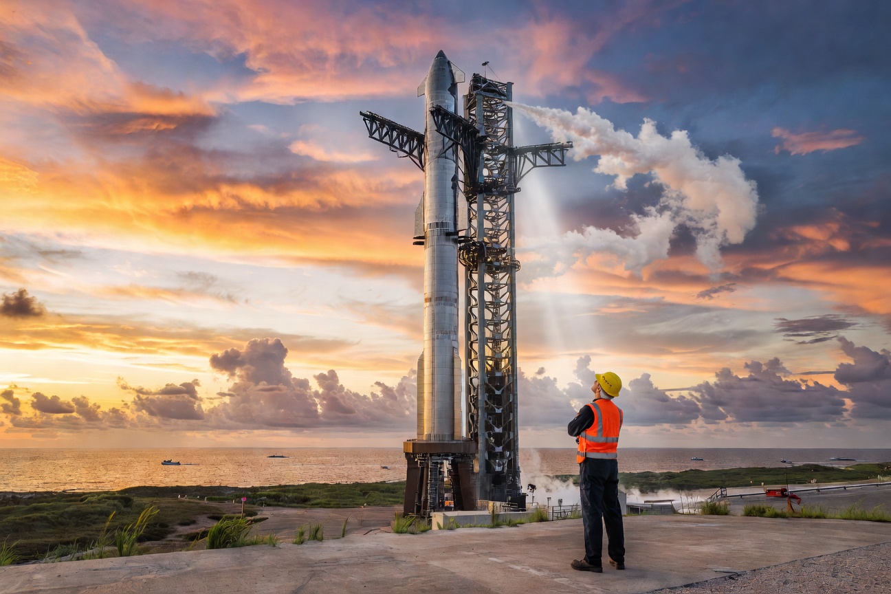 Starship launching against a twilight sky with Earth's curvature visible below