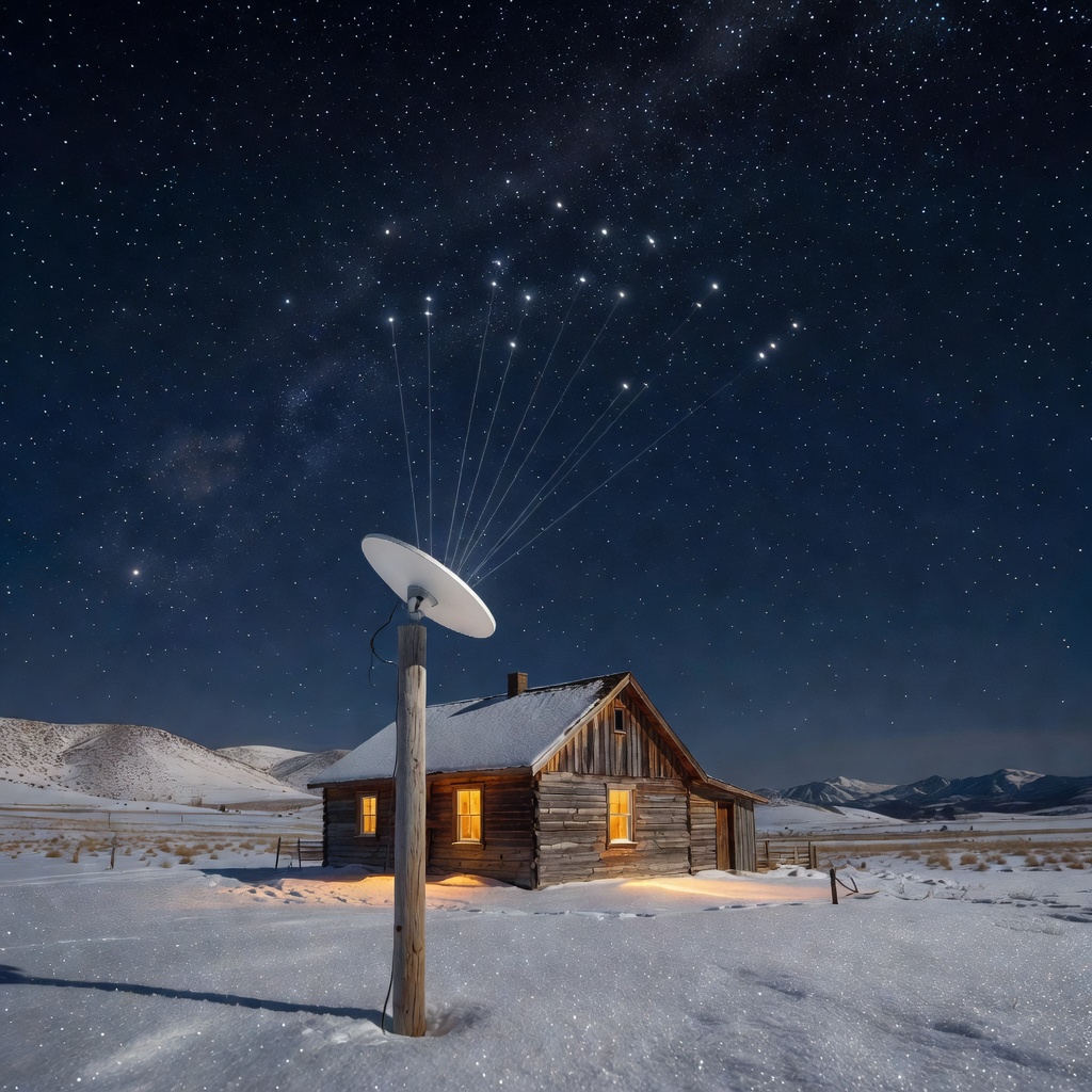 Starlink satellite terminal dish installed on a remote rural homestead surrounded by snow
