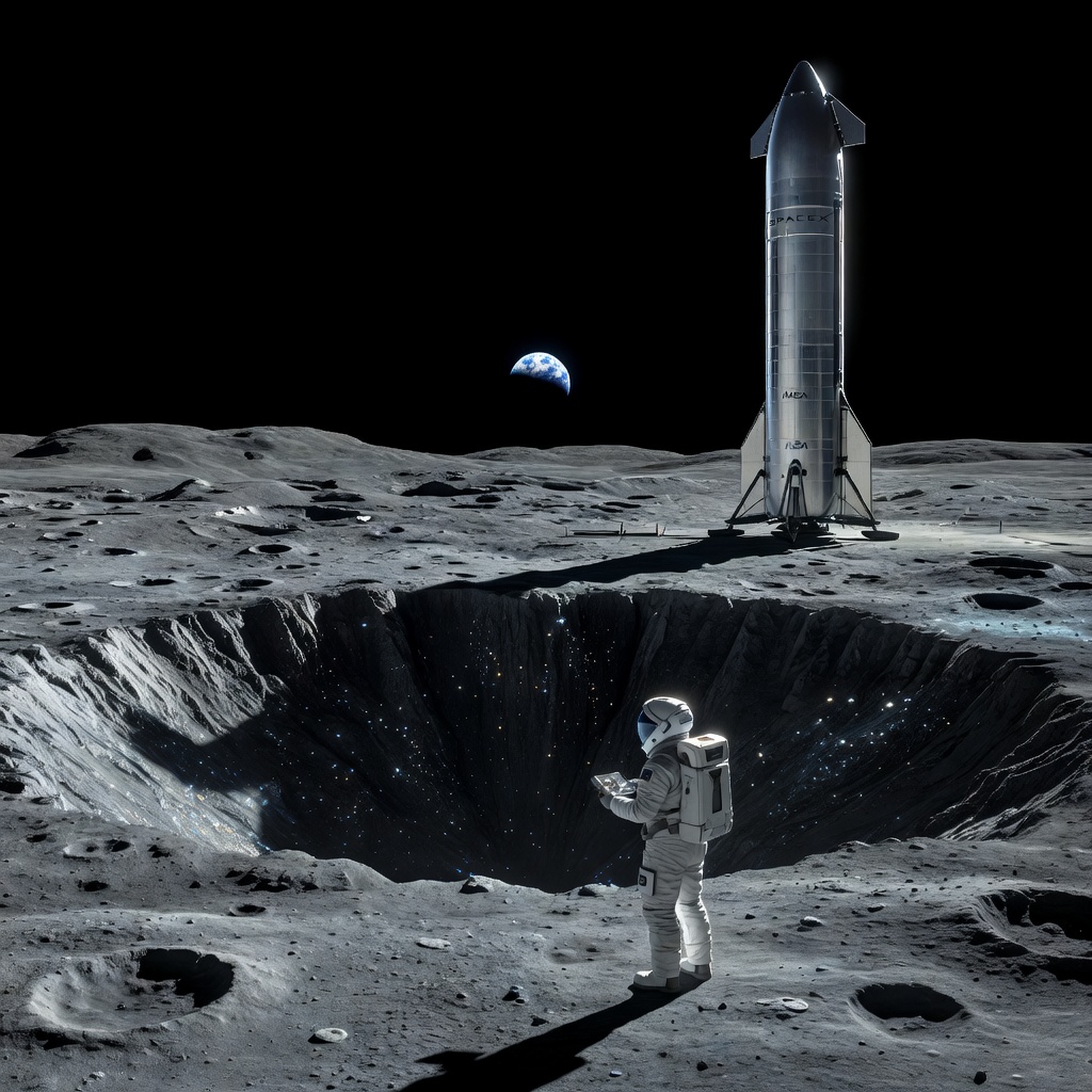 Astronaut in a next-generation spacesuit standing on the lunar south pole with Earth rising above a crater rim
