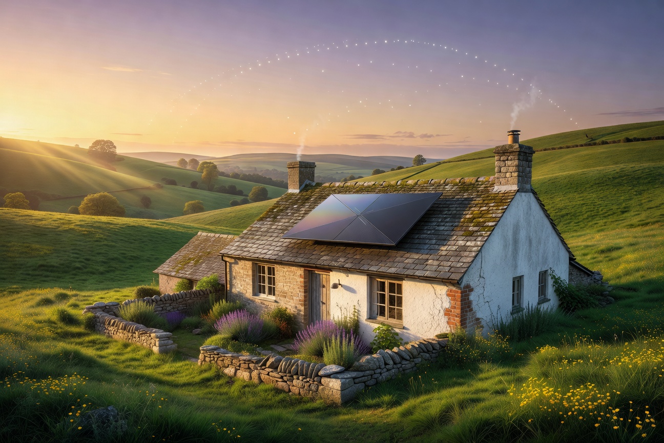 Futuristic flat-panel satellite antenna array mounted on a rural rooftop at dawn