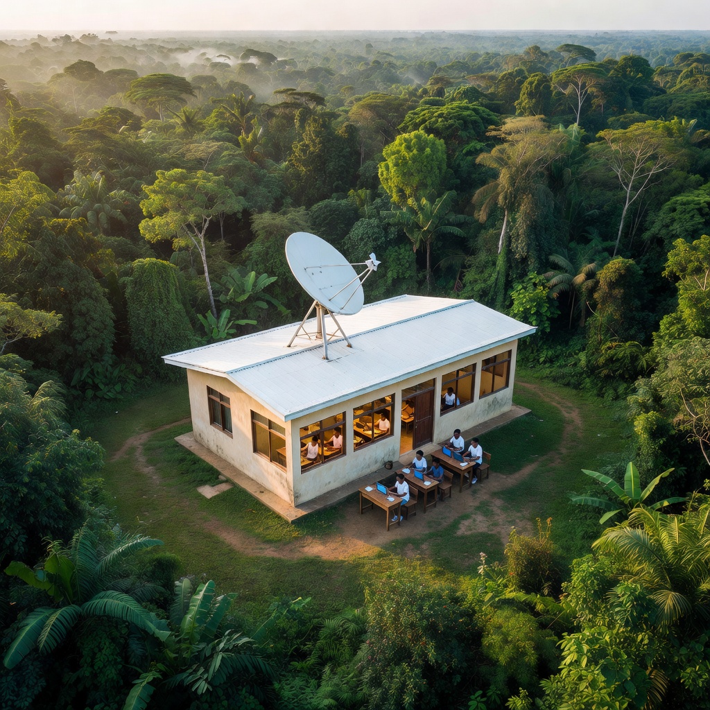Satellite internet terminal installed on a remote school building in a lush green landscape