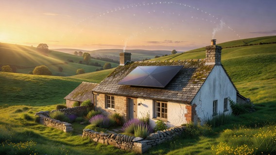 Ultra-wide cinematic shot of a sleek, ultra-thin flat phased-array satellite antenna panel mounted on the rooftop of a modest rural home at golden hour, rolling green hills in the background, visible satellite constellation arc in the sky above, warm optimistic lighting, photorealistic, high detail, futuristic technology integrated into everyday life