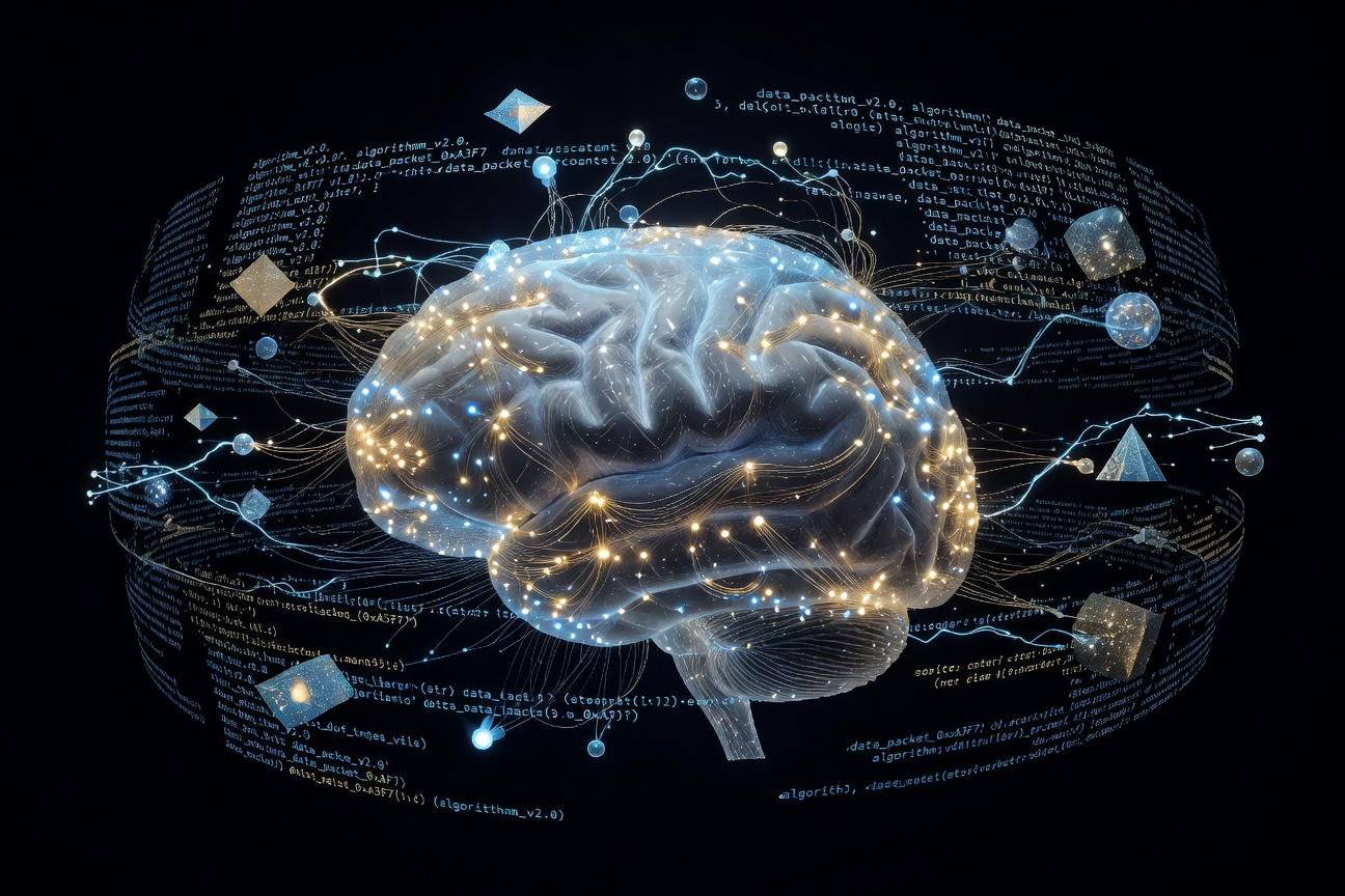 Futuristic brain-computer interface neural mesh glowing with data streams