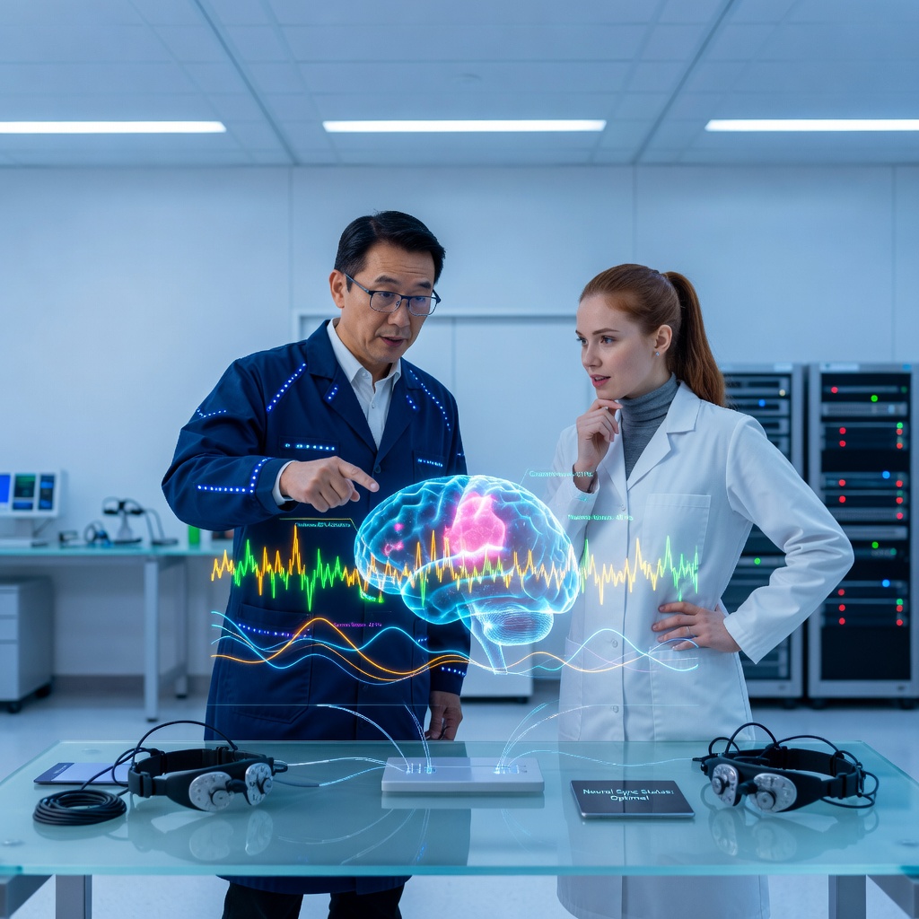 Scientists in a laboratory analyzing neural signal data on holographic displays