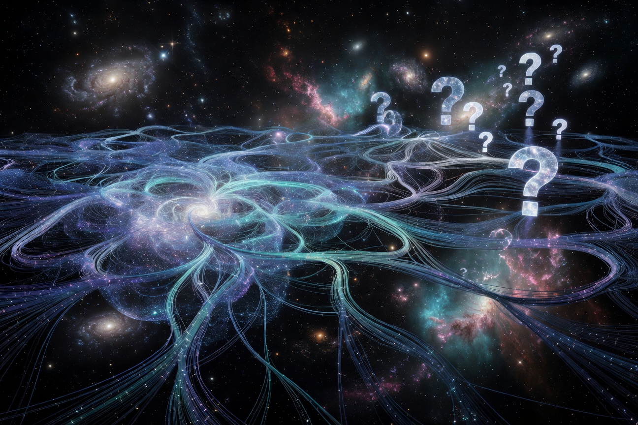 A vast cosmic neural network dissolving into question marks against the backdrop of deep space