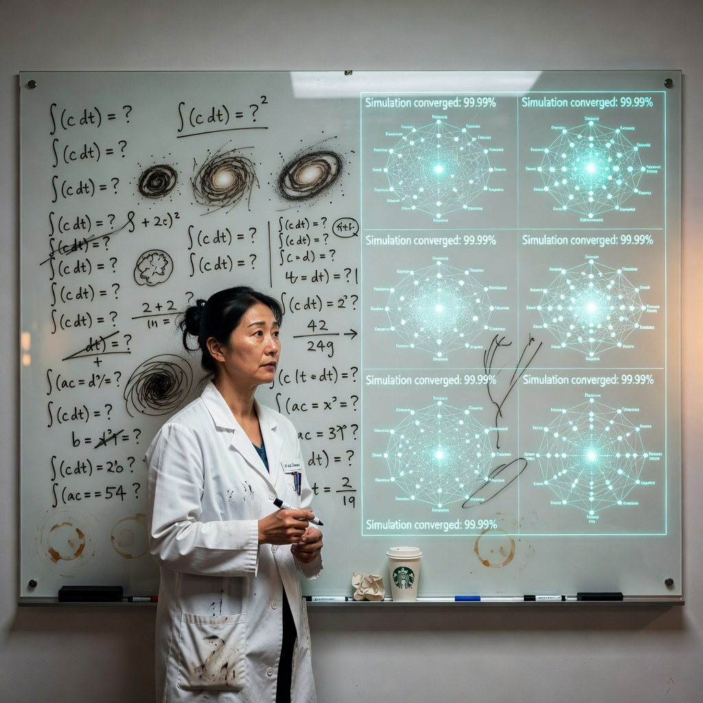 A scientist at a whiteboard covered in equations, with a translucent AI interface overlaid, highlighting the contrast between human reasoning and machine pattern-matching