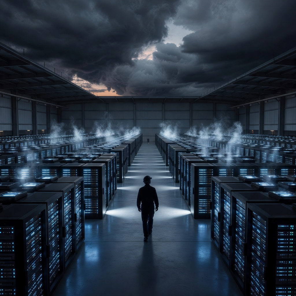 A supercomputer cluster glowing with blue light inside a vast industrial facility, representing xAI's Memphis computing infrastructure