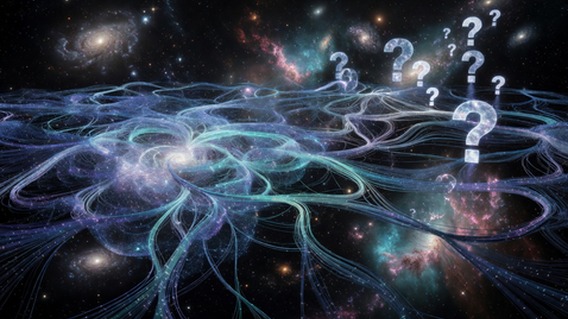 A breathtaking visualization of a vast artificial neural network rendered as luminous threads of light stretching across deep space, with galaxies and nebulae visible in the background, but the network threads gradually dissolving into large glowing question marks near the cosmic horizon, suggesting the limits of machine comprehension, photorealistic digital art, 8K, dramatic lighting with cool blues and purples against deep black space