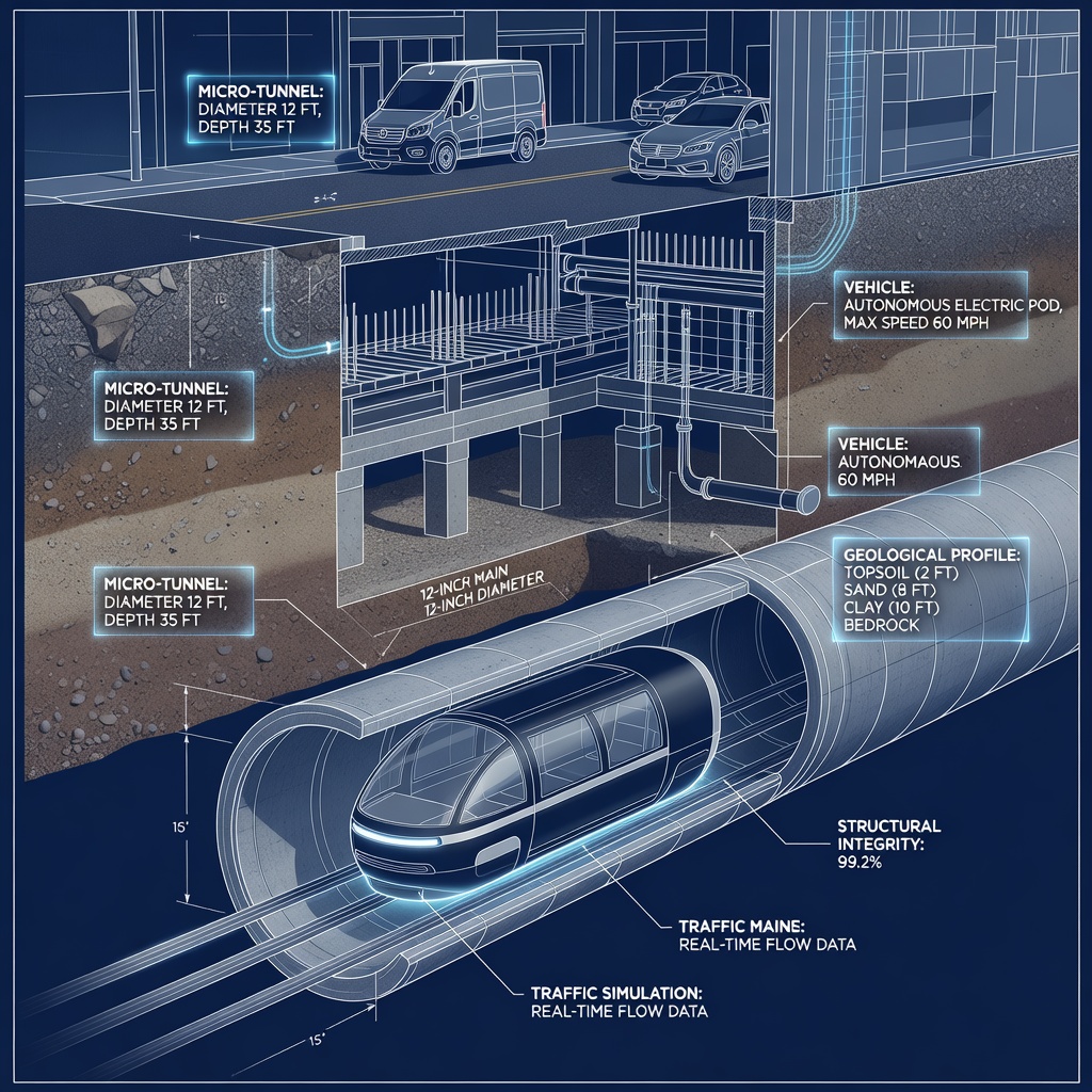 Cross-section blueprint illustration of a narrow-diameter urban micro-tunnel with autonomous electric vehicles inside