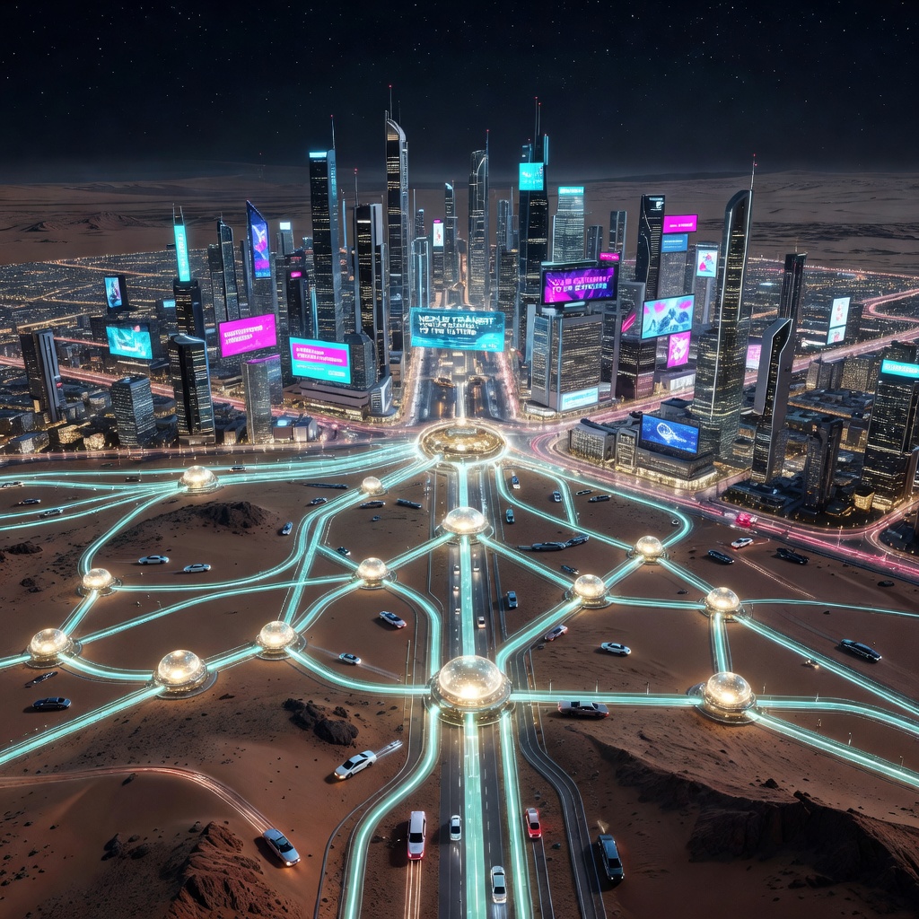Aerial rendering of an expanded underground tunnel network beneath a futuristic desert cityscape with interconnected stations