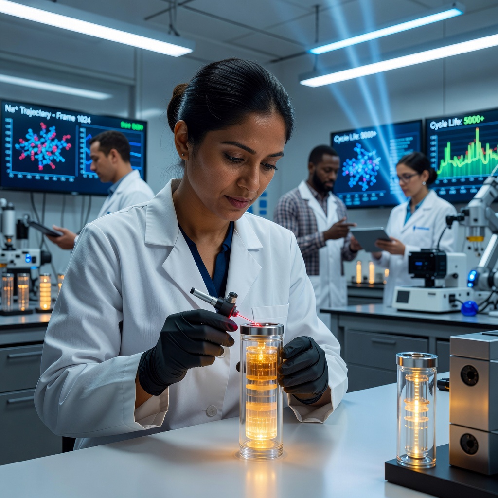 A female electrochemist examining battery cell samples in a high-tech laboratory with glowing blue diagnostic equipment