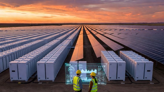 Cinematic wide-angle photograph of a massive Tesla Megapack installation at golden hour, hundreds of large white battery units stretching to the horizon alongside gleaming solar panels, two engineers in hard hats reviewing holographic data displays in the foreground, dramatic orange and purple sky, photorealistic, ultra-high detail, sense of monumental scale and human ingenuity