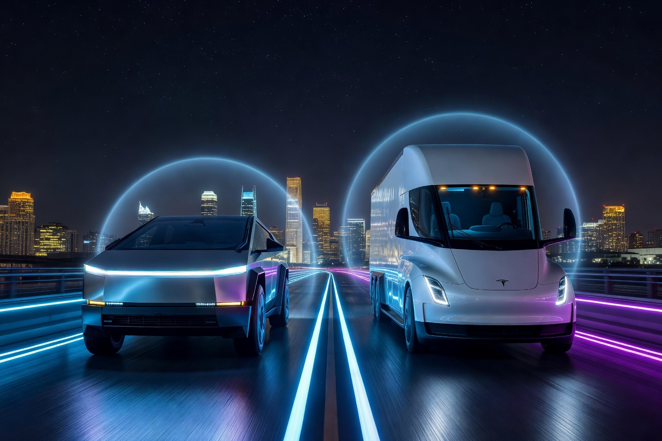 Futuristic Tesla Cybertruck and Semi driving autonomously through a glowing smart city at night