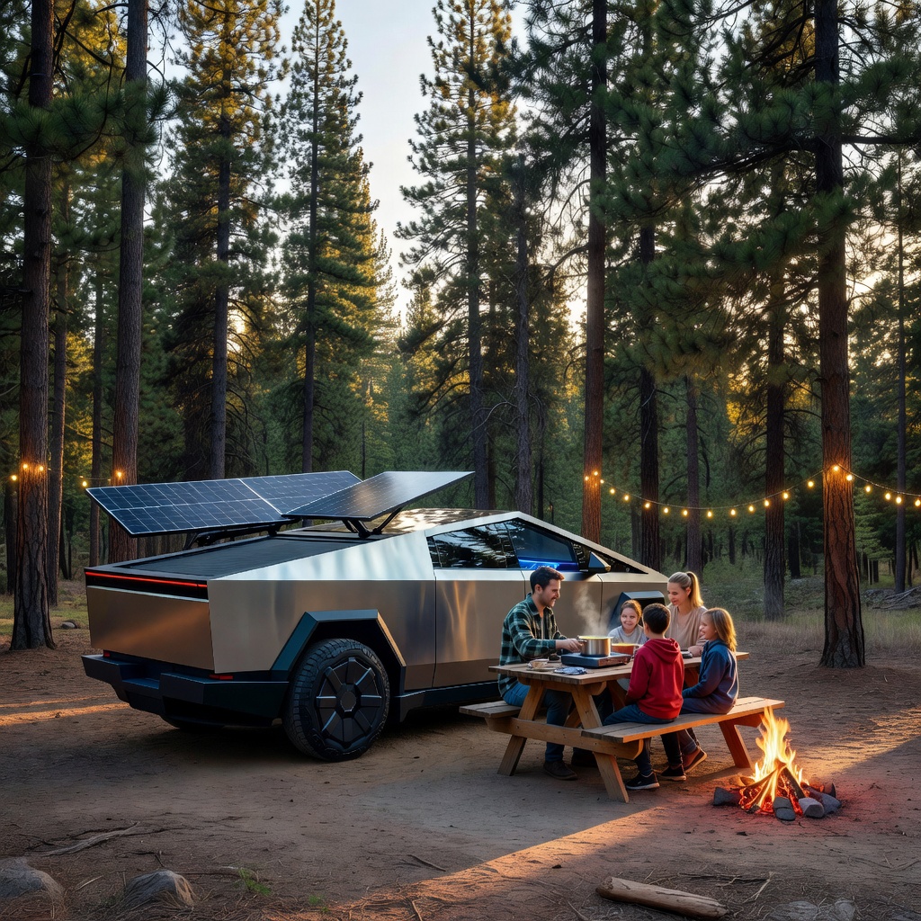 Tesla Cybertruck parked at a remote wilderness campsite with solar panels and glowing interior, symbolizing off-grid self-sufficiency