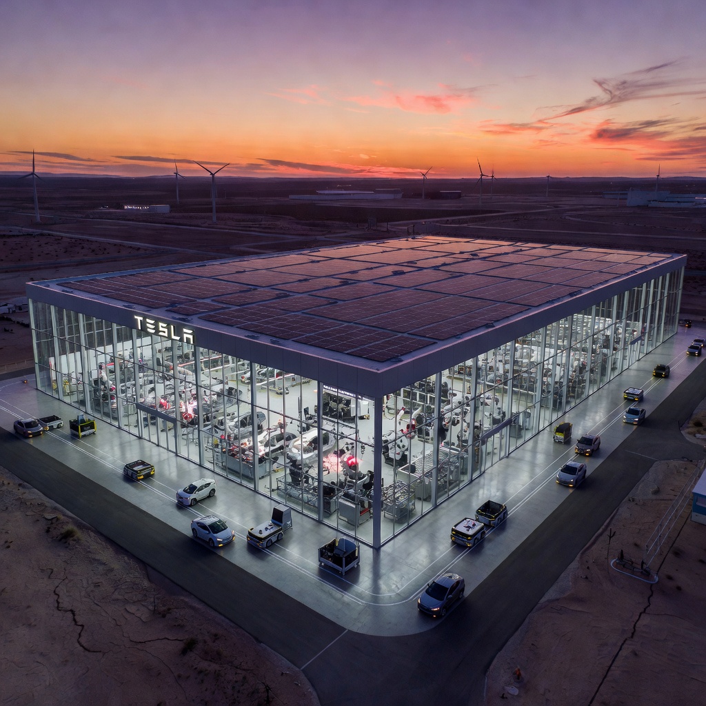Aerial view of a Tesla Gigafactory at dawn with autonomous robots and futuristic production lines visible through transparent walls