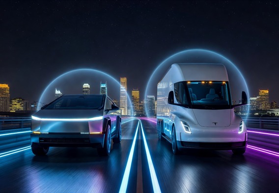 A photorealistic futuristic scene of a Tesla Cybertruck and Tesla Semi driving side by side on a gleaming smart highway at night, city skyline glowing in the background, autonomous sensor halos visible around both vehicles, stars overhead, ultra-high detail, cinematic lighting, wide-angle composition emphasizing scale and technological power, hopeful and majestic atmosphere