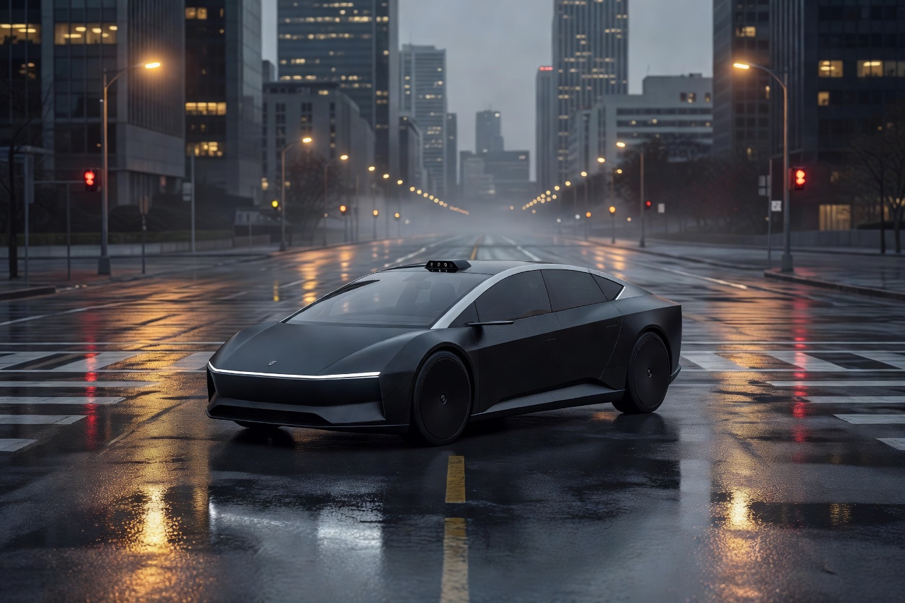 A Tesla Cybercab glowing under pre-dawn streetlights in an empty Austin intersection