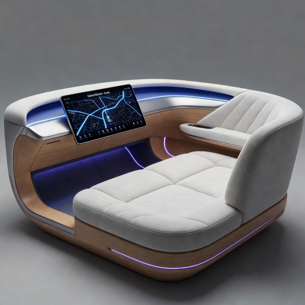 Interior of a Tesla Cybercab showing the minimalist bench seat and central touchscreen interface
