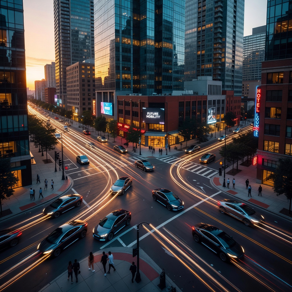 An aerial view of multiple Tesla Cybercabs navigating a busy urban intersection at dawn