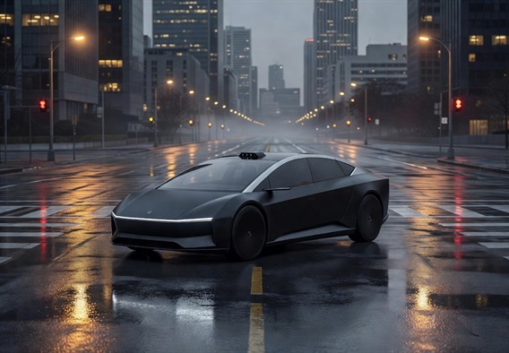 A sleek, wedge-shaped autonomous electric vehicle with no side mirrors or steering wheel, glowing softly under amber pre-dawn streetlights at an empty urban intersection, wet pavement reflecting city light, subtle camera array visible on the roofline, cinematic wide-angle composition, near-future aesthetic, photorealistic, 8K detail