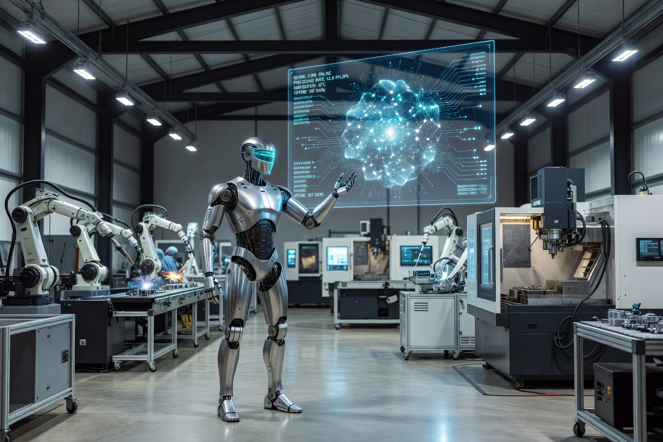 Tesla Optimus humanoid robot on a factory floor surrounded by industrial machinery