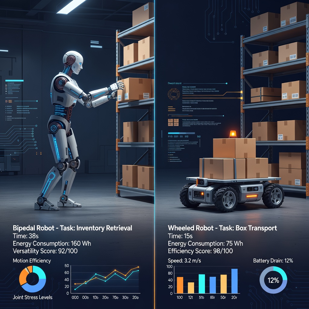 Comparison diagram of humanoid robot versus wheeled industrial robot performing warehouse tasks