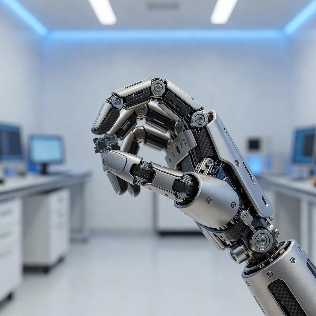 Close-up of advanced robotic hand with articulated fingers performing precise manipulation tasks