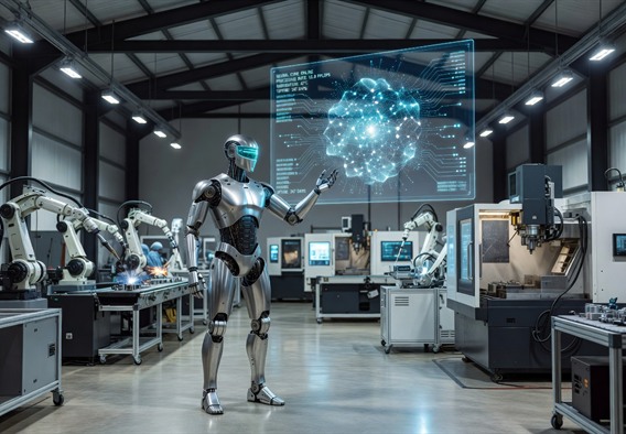 A Tesla Optimus-style silver humanoid robot standing confidently on a gleaming factory floor surrounded by advanced industrial machinery and robotic arms, dramatic directional lighting casting sharp shadows, photorealistic cinematic composition, futuristic manufacturing environment with holographic displays showing AI neural network activity overlaid on the scene, ultra-high detail, 8K quality