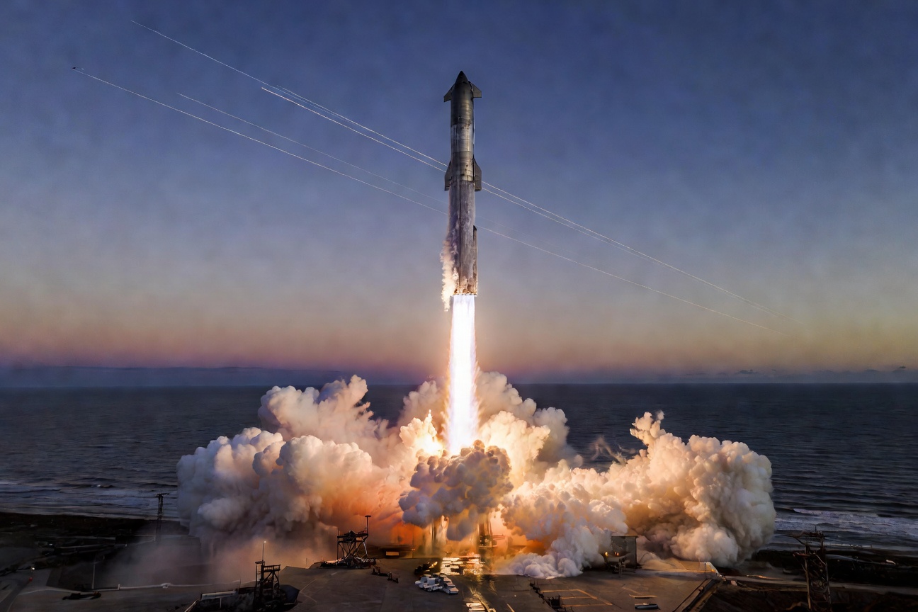 Starship rocket launching against a twilight sky, with Starlink satellites visible in orbit above Earth