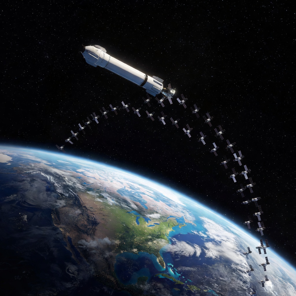 Array of Starlink satellites being deployed from a Falcon 9 rocket in low Earth orbit, Earth's curvature below