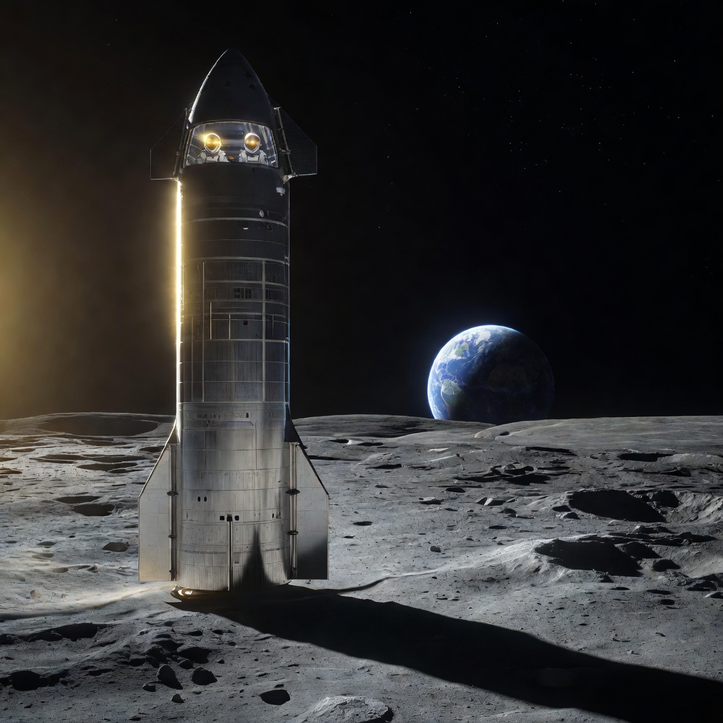 Futuristic SpaceX Starship descending toward the Moon's crater-marked surface with Earth visible in the background