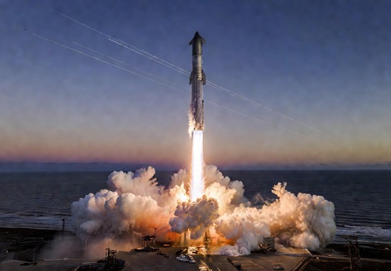 Epic photorealistic wide-angle scene of a massive SpaceX Starship rocket launching from a coastal launch pad at twilight, enormous plumes of fire and steam illuminating the ocean surface below, Starlink satellites visible as moving streaks of light in the deep blue upper atmosphere above, cinematic composition emphasizing the sheer scale of the vehicle against the curvature of Earth, ultra-detailed, 8K resolution, dramatic lighting