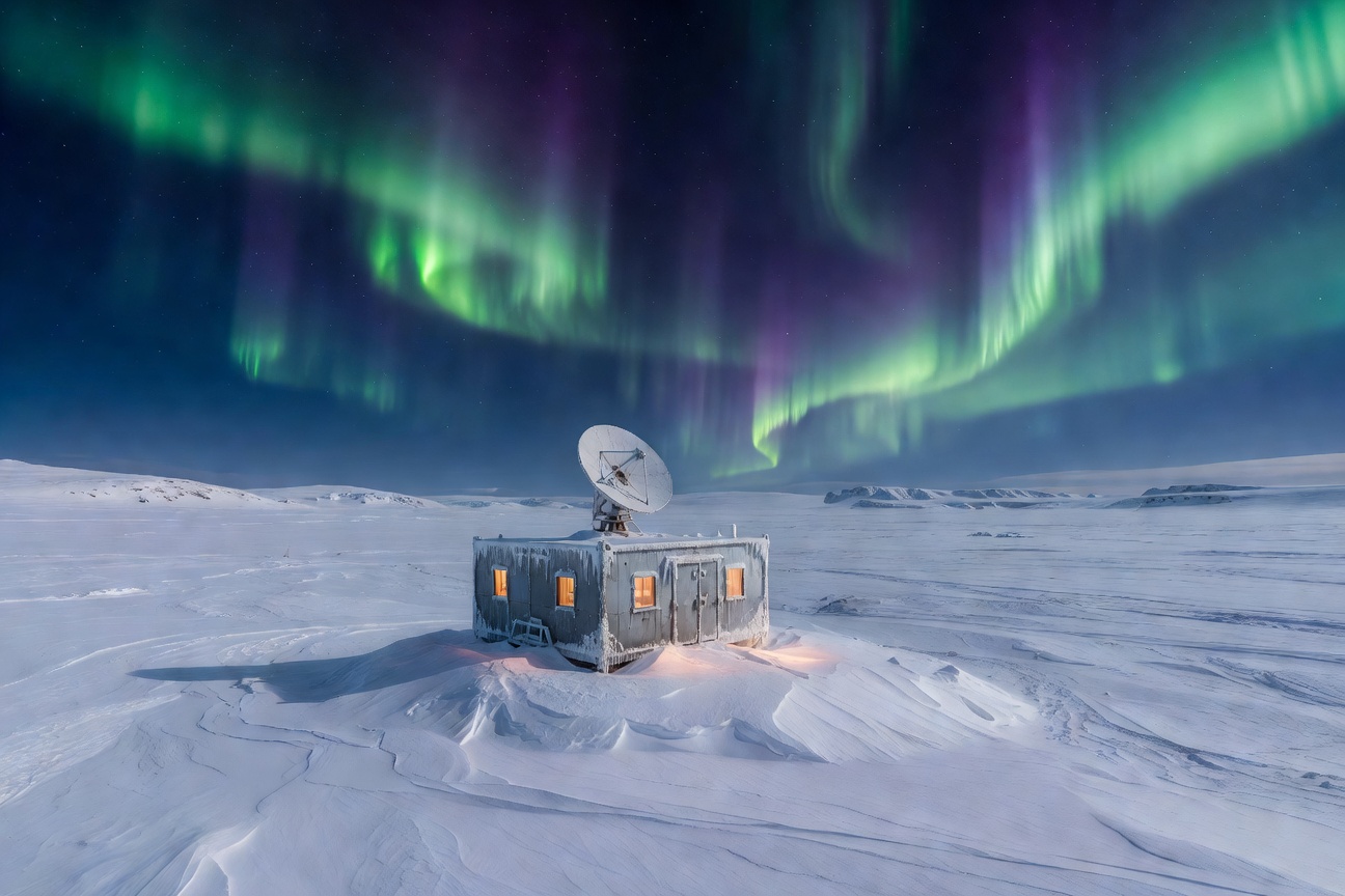 Arctic research station glowing under the aurora borealis with satellite dish pointed skyward