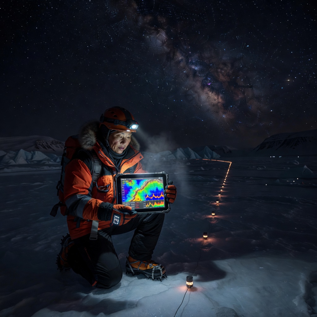Scientist in Arctic gear reviewing real-time glacier sensor data on a ruggedized tablet in polar darkness