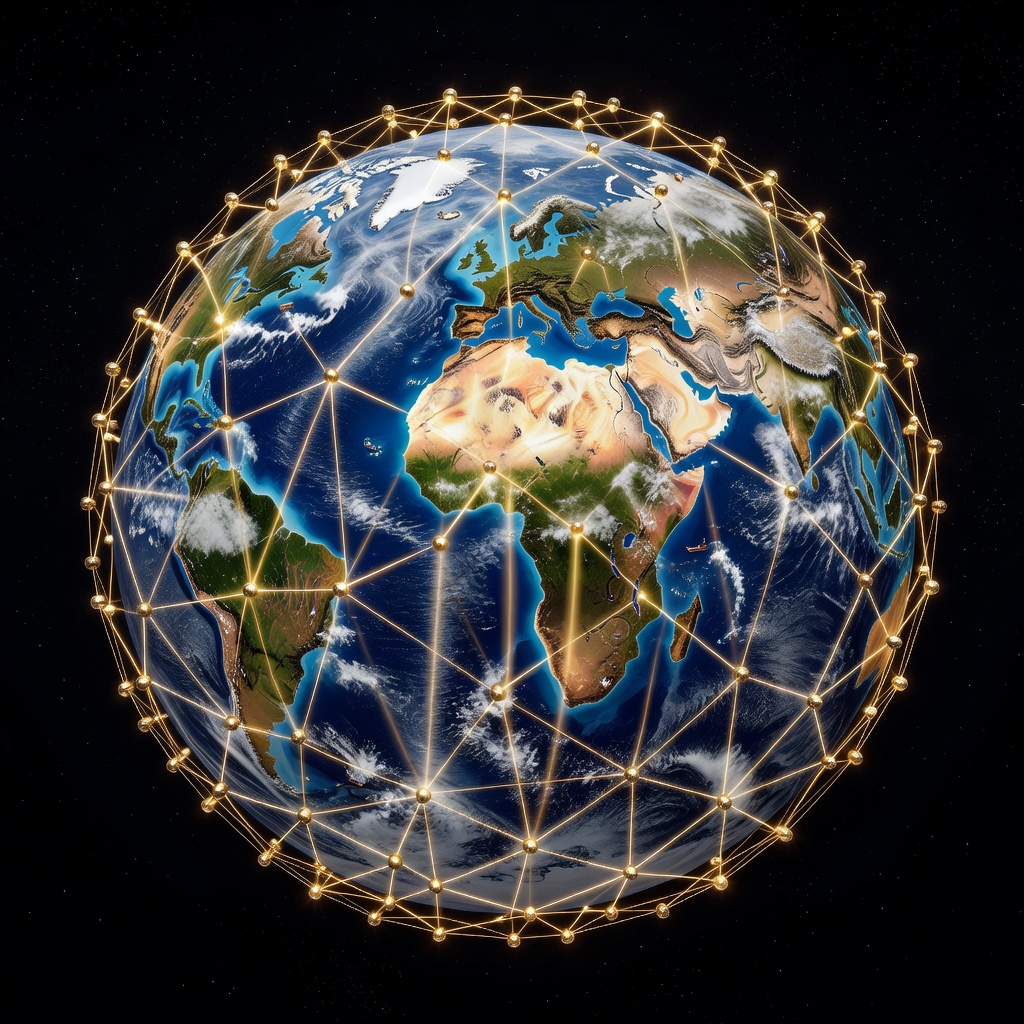 Futuristic visualization of low-Earth-orbit satellite constellation forming a glowing mesh above the planet